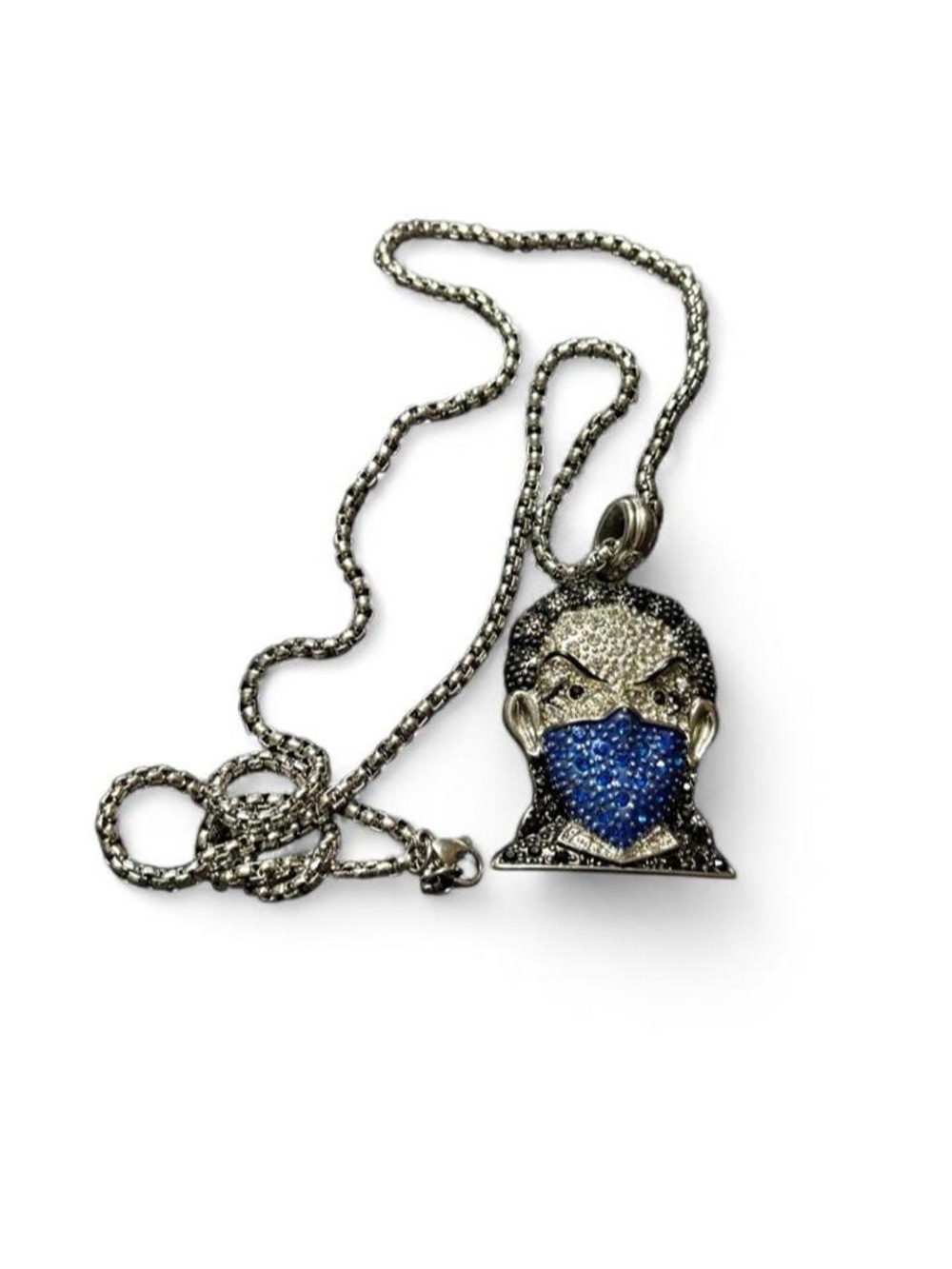 Iced Blue Bandana Character Pendant Necklace Silver Tone Hip Hop Style